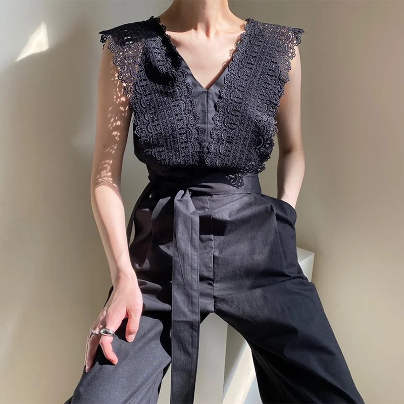 

Dress Korean Chic Temperament V-neck dress woman Lace Hook Flower Stitching Lace Up Waist Sleeveless One-piece Pants