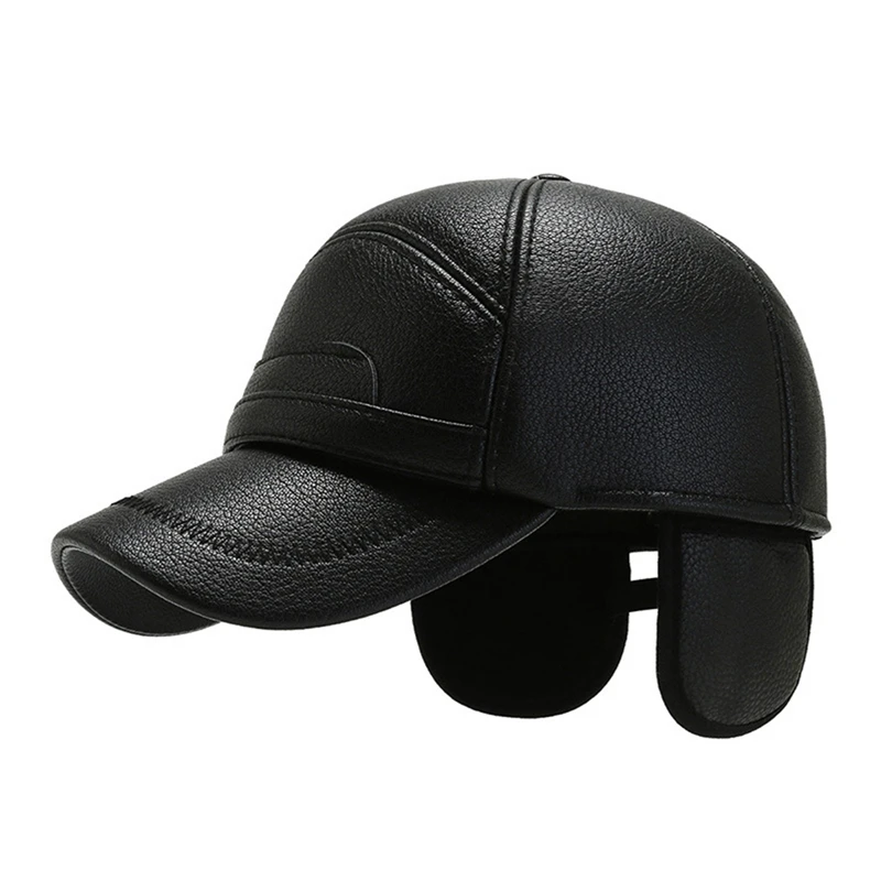 

Adult New Faux Leather Hat Men's Warm PU Leather Baseball Cap Male Winter Outdoor Ear Protection Cap Leather Hat Windproof hat