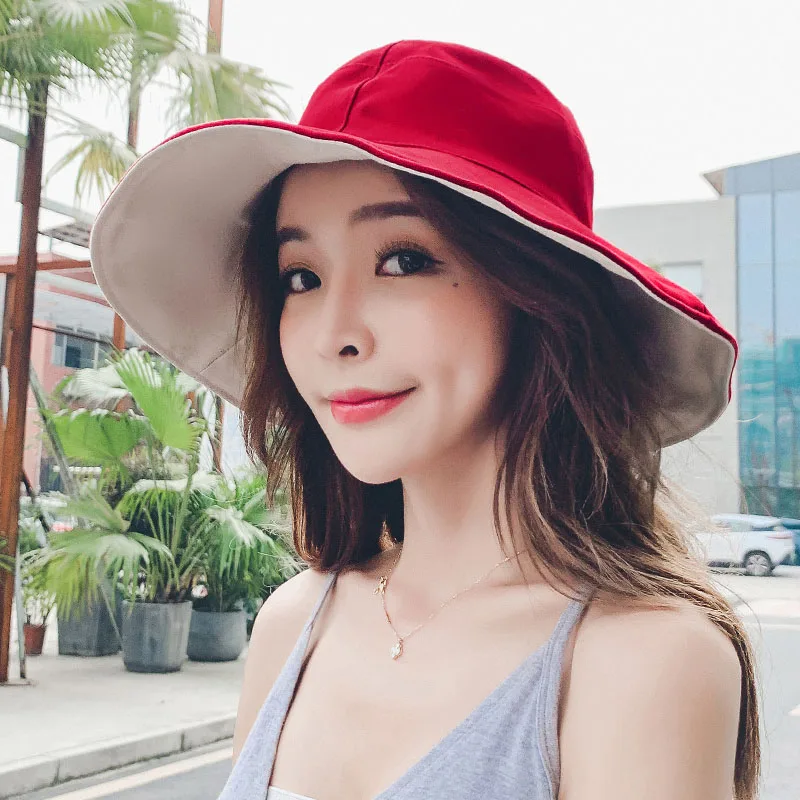 Wide Brim Cotton Bucket Hat Reversible for Women Summer Hiking Anti-sunburn White Fisherman Caps Ladies Fashion Pink Bucket Hat - Цвет: Color 1