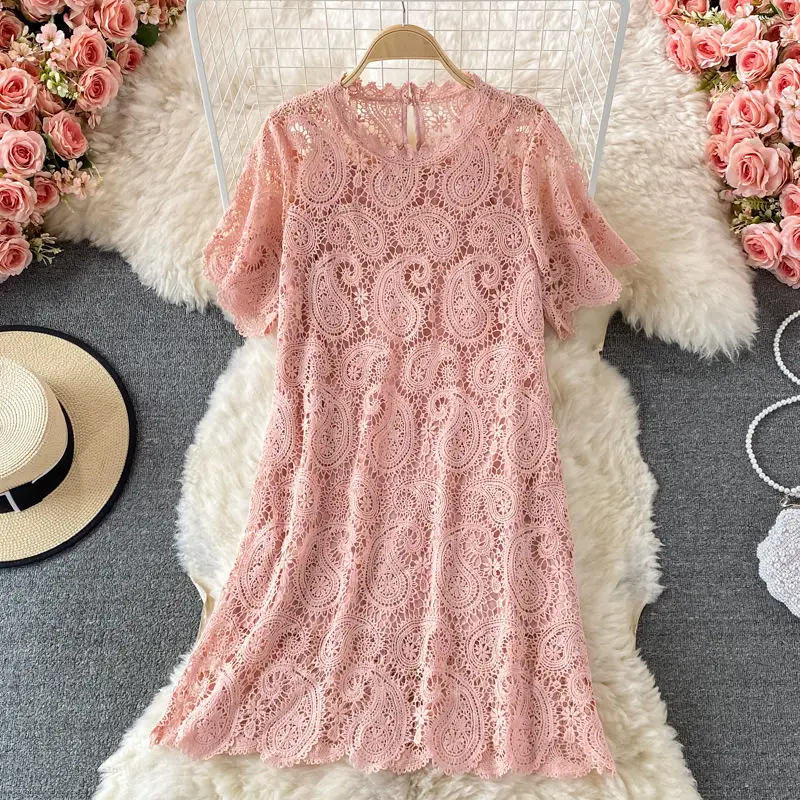 

Cute Pink Lace Dress 2022 Summer Korean Short Sleeve High Waist Dress Back Zipper Elegant Party Dress Women Clothing aq1057