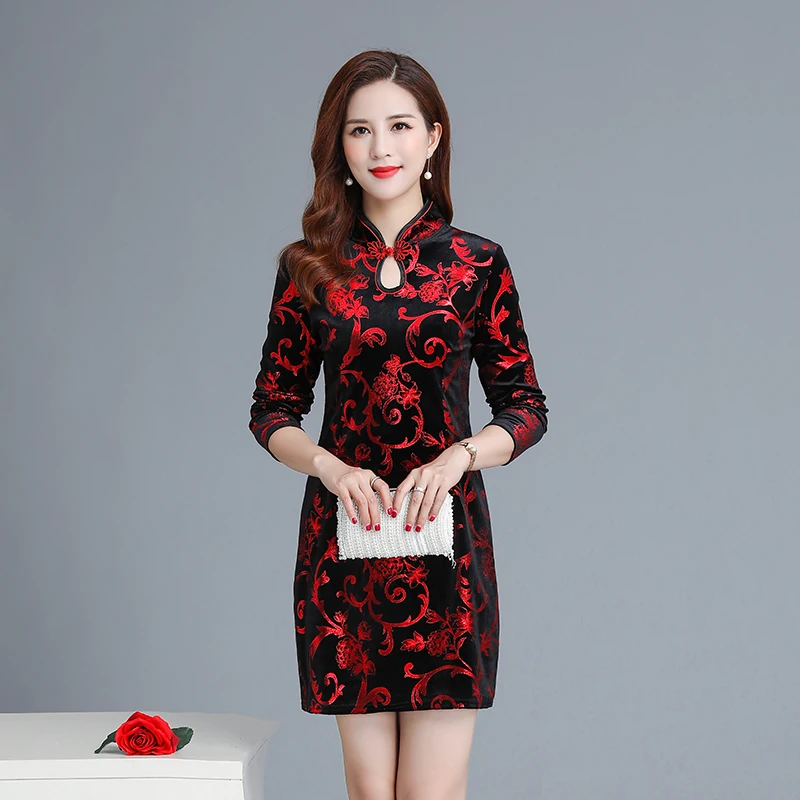 

Sexy Mini Chinese Women Long sleeve Qipao Chinese Style Evening Party Club Dress Autumn Velvet Slim Cheongsam