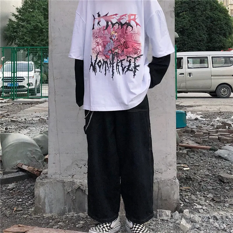 Lychee Harajuku/женская футболка с принтом персонажей из мультфильма, топ, футболка, поддельные Женские футболки из 2 частей, топы, футболки, лоскутные женские футболки с круглым вырезом