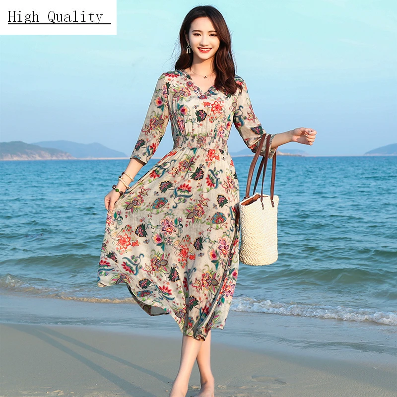 Шелковое длинное летнее платье женские платья с цветочным принтом элегантное