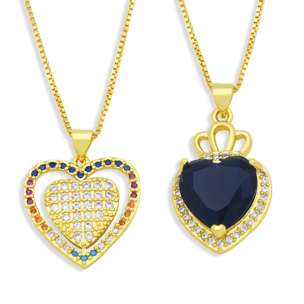 

Роскошное ожерелье с кулоном в форме сердца и короны из кубического циркония для женщин позолоченная цепочка темно-синий цвет Искусственна...