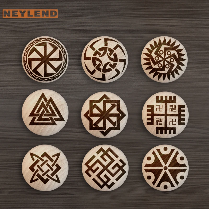 

New Engraved Wooden drawer Handle Slavic Symbols Nature Wooden Knobs Single Hole Beech Circular Cabinet Pulls Hardware