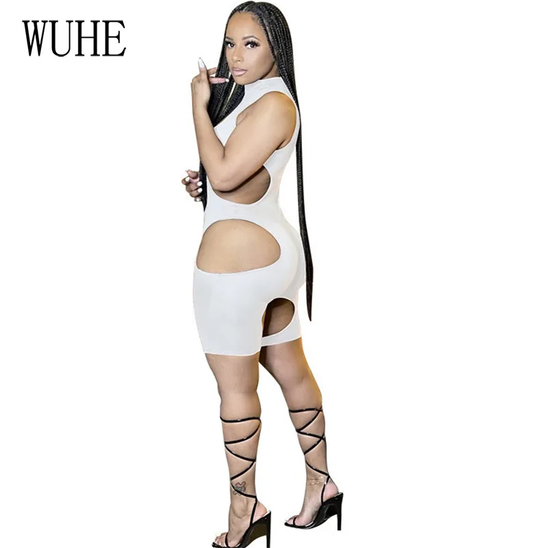 

WUHE Irregular Playsuits Hollow Out O Neck Package Hip Skinny Sleeveless Off Shoulder Sports Fitness Club Streetwear Overalls