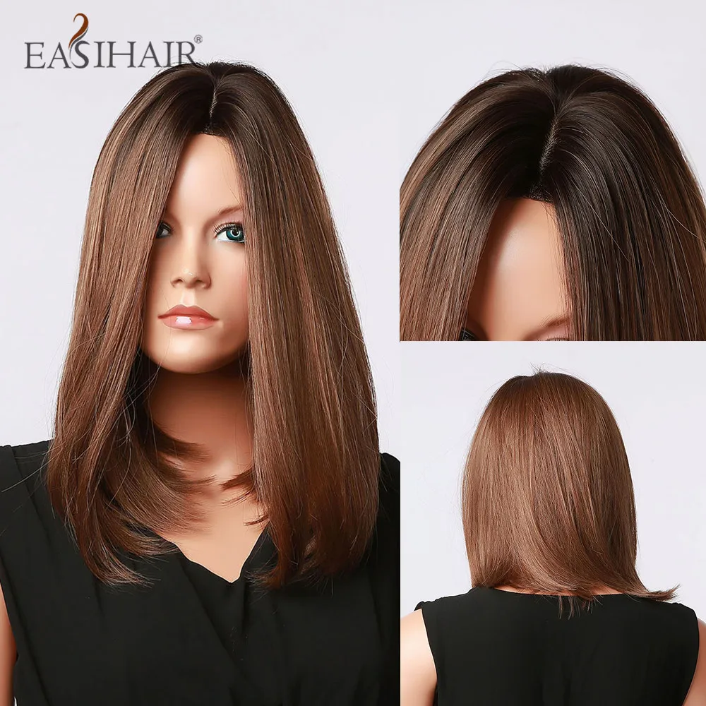 

EASIHAIR Black to Brown Ombre Synthetic Wig for Women Hairline Part Lace Wigs Heat Resistant Natural Bob Cosplay Wigs