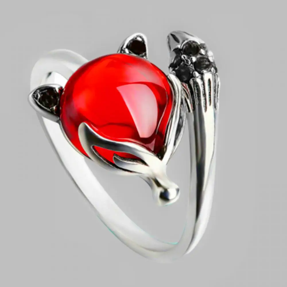 

2021 New Irregular Fox Head and Tail Garnet Open Ring Ladies Rhinestone Decoration Animal Party Adjustable Ring Jewelry