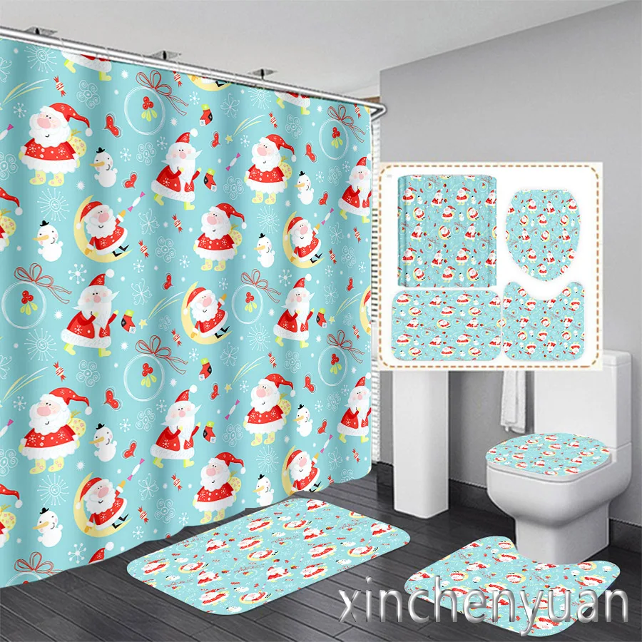 

Christmas theme 3D Printing Waterproof Bathroom Shower Curtain Toilet Cover Mat Non-Slip Floor Mat Rug (1/3/4Pcs) W20