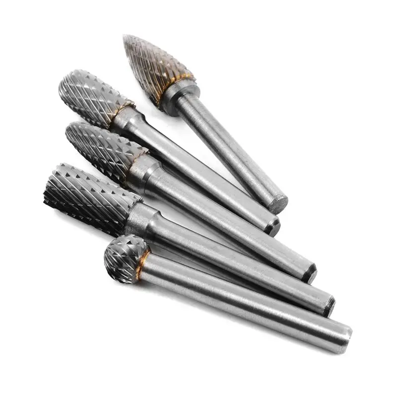 

5x Tungsten Carbide Rotary Cutting Burr Set Grinder Bit 1/4 inch (6mm) Shank 10mm Chamfering Carving Tools Silver