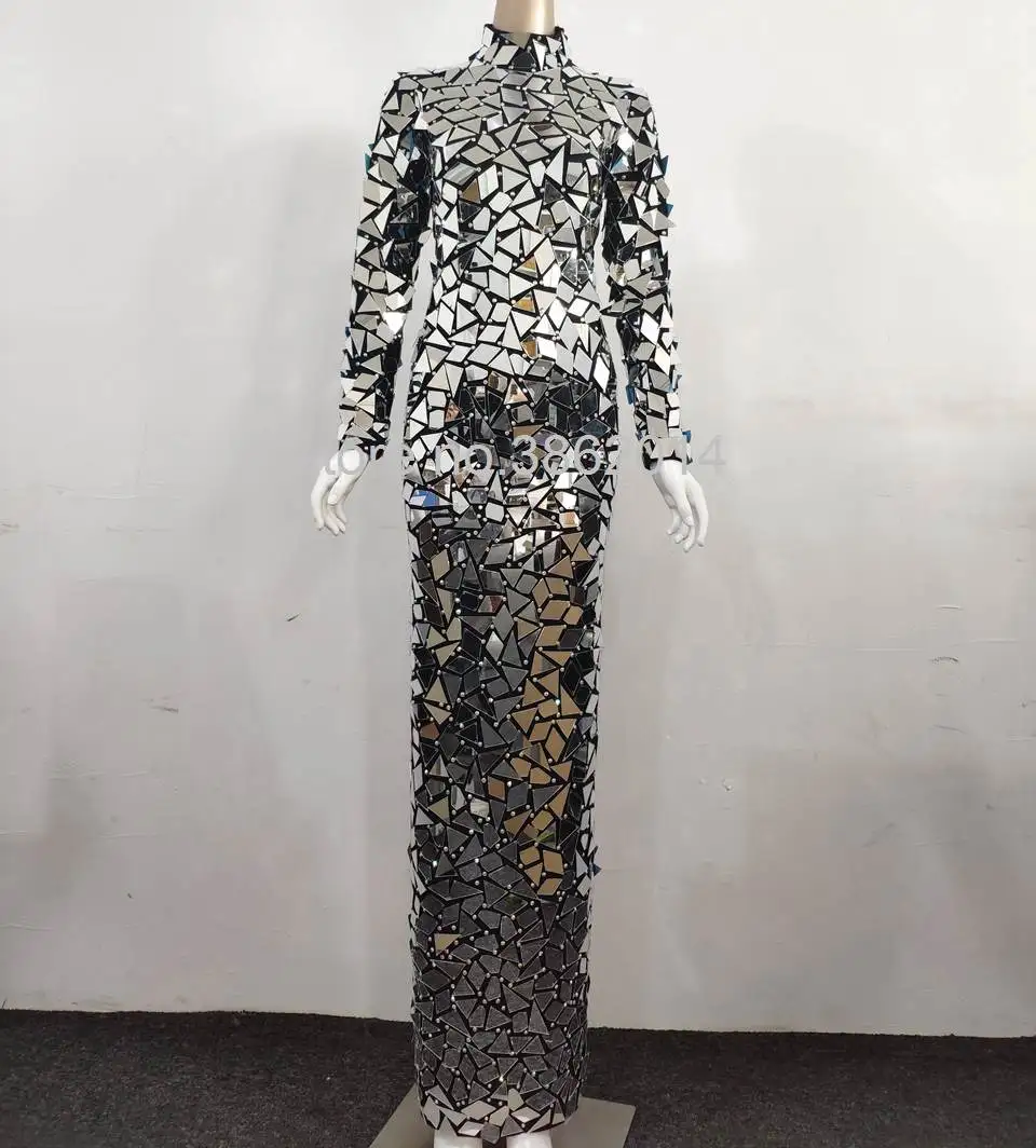 Новый дизайн с цельным блестящим зеркала Стразы Длинное Платье женское вечернее