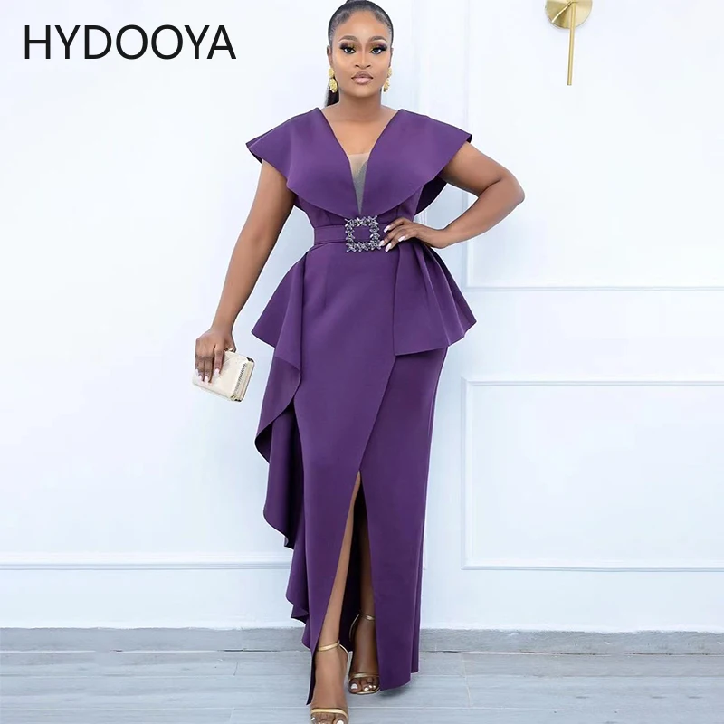 

Office Lady Workwear Business Long Party Dress Women Sexy Deep V Neck Mesh Spliced Split Bodycon Dresses Elegant Ruffles Robe
