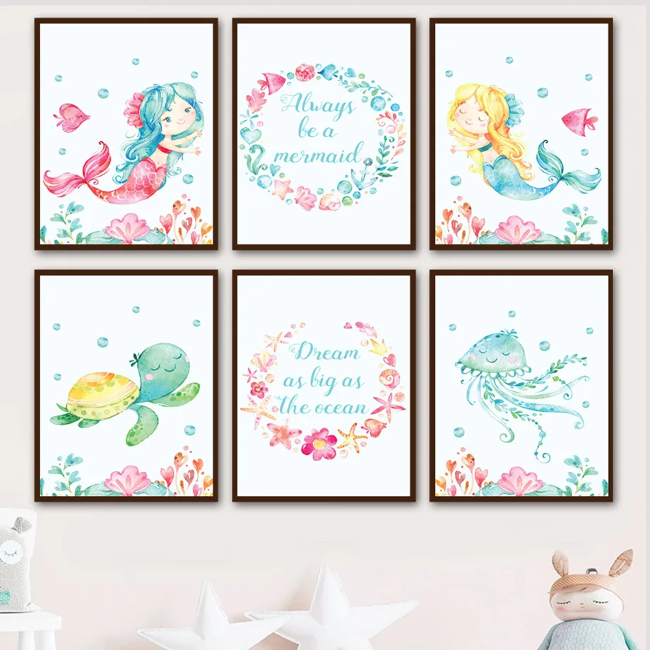 

Ocean Cartoons Mermaid Turtle Octopus Quote Wall Art Canvas Painting Nordic Posters And Prints Wall Pictures For Kids Room Decor