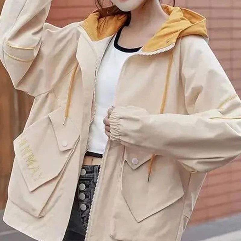 

2021 tooling jacket female spring and autumn casual loose fashion solid color hooded regular sleeve jacket top