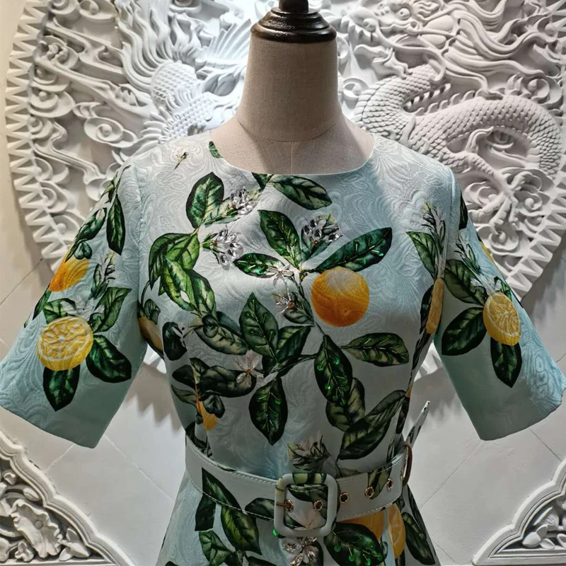 

VERDEJULIAY Designer Fashion Women Dress Summer Lemon Print Beading Sequined Belt Midi Elegant Blue Dresses Vestidos