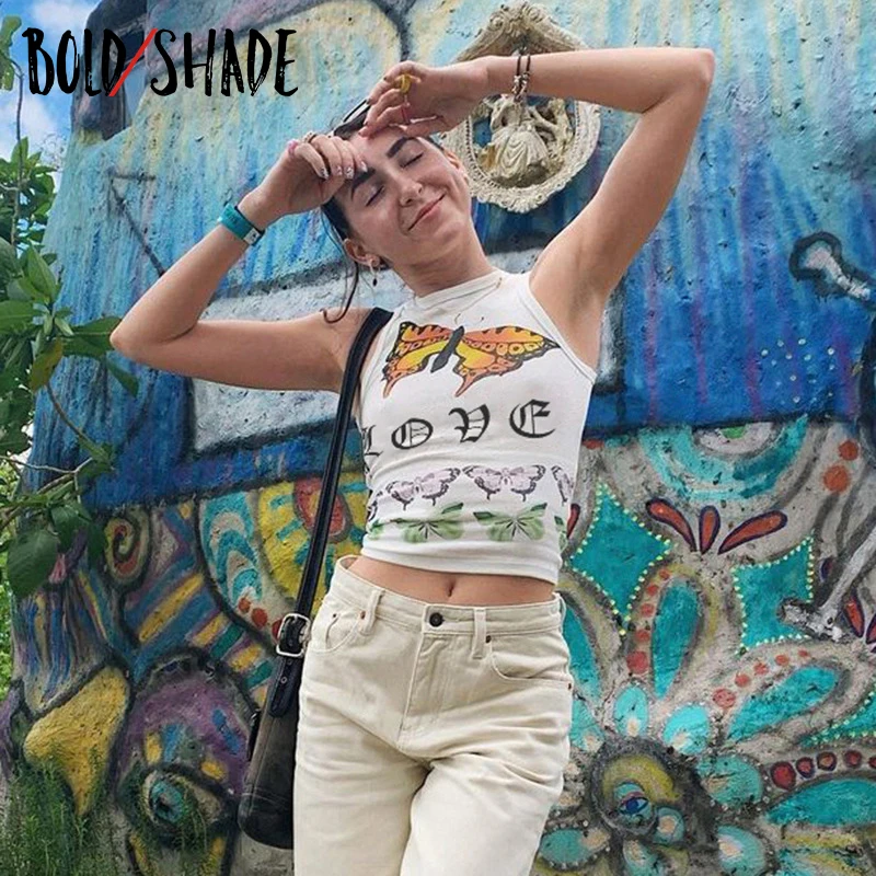 

Bold Shade Grunge Skater Style Tank Tops Butterfly Print Letter Navel Vest Basic Streetwear Indie Y2K Fashion Women Cropped Top