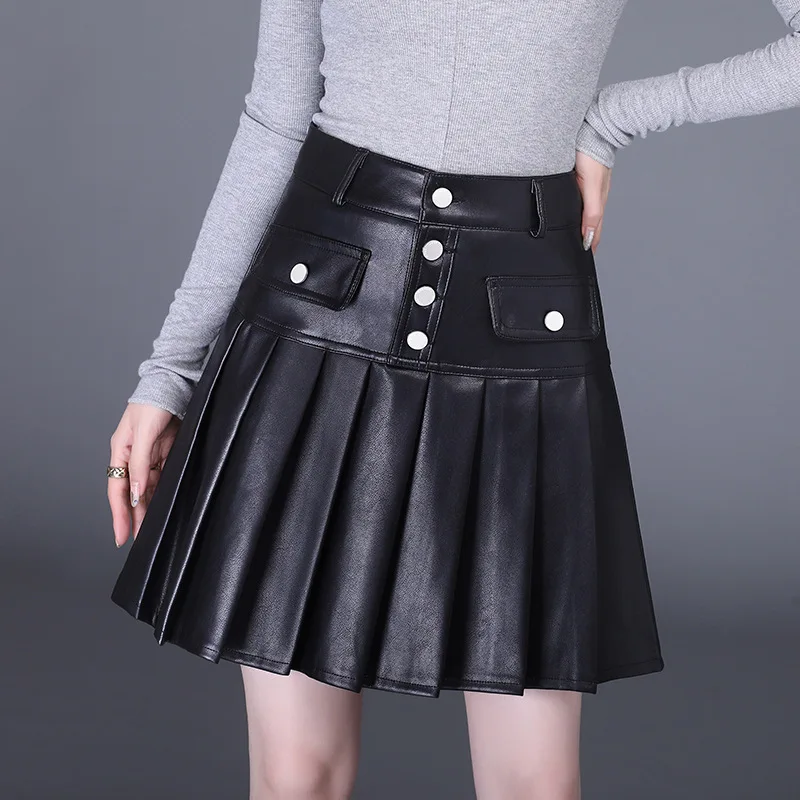 

Solid Pu Leather Skirt High Waist Buttons Sexy Mini Pleated Skirt Short Fashion Black Faldas Cortas 2022 Women Autumn X38