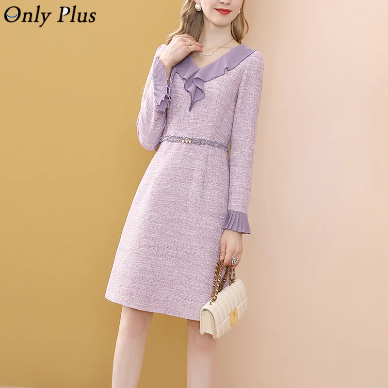 

Only Plus French Pink Tweed A-Line Dress For Women Winter Woolen Dress Peter Pan Collar Plaid Pleat Flare Sleeve OL Dresses Slim