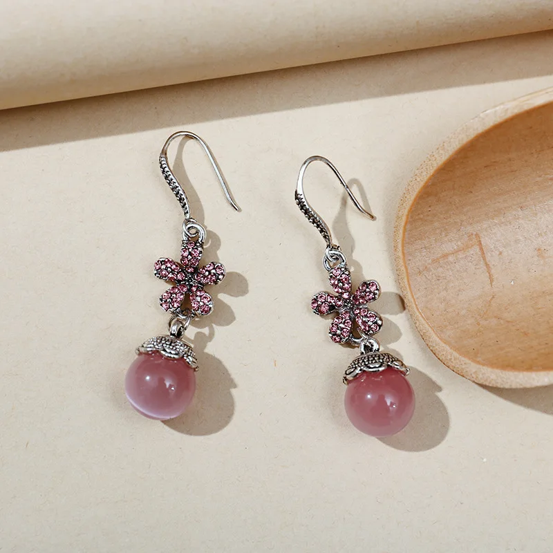 

Retro Women Blue Opal Earrings Female Rhinestone Flower Natural Stone Cat Eye Dangle Earrings Creative Ethnic Hoop Ear Jewelry
