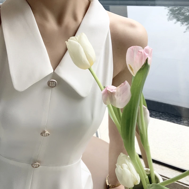 

2021Summer New Chic French Elegant Midi Dress Women Sleeveless ThinDoll Collar Dress Office Ladies Elegant Dress Korean High-end
