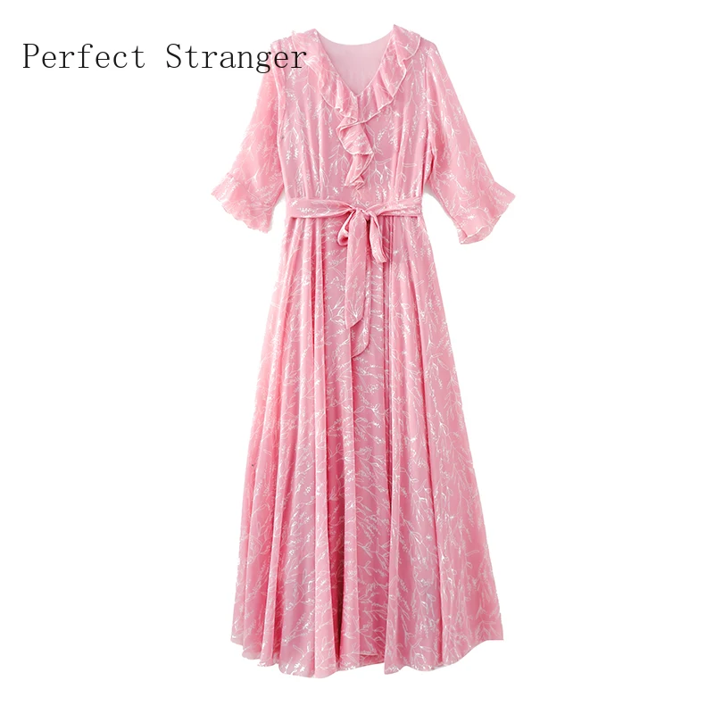 

High Quality 2021 Summer Dress For Women V Collar Floral Printed Ruffles Short Sleeve Women Chiffon Long Dress Plus Size