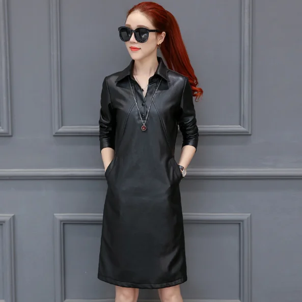 Pu кожаное платье женское тонкое с v образным вырезом длинным рукавом осеннее