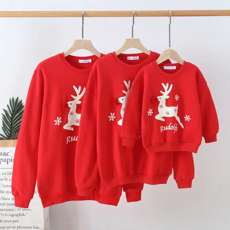 

Christmas Parent-child Hoodie Red Long Sleeve Elk and Snowflake Printed Pattern Winter Pullover Tops For Men Women Kids
