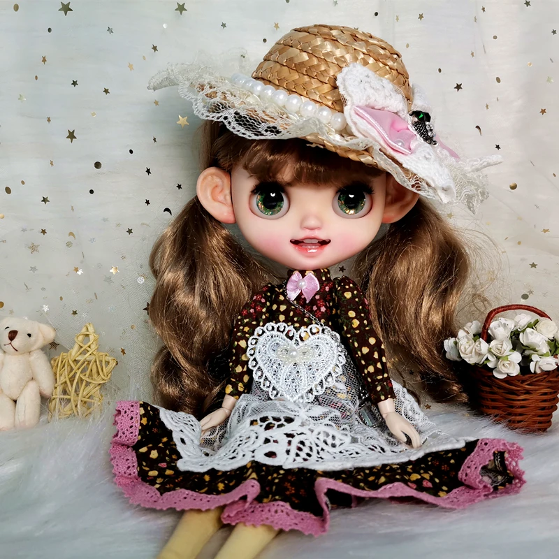 Одежда для куклы блайз кофейное клетчатое платье с головным убором Pullip Licca Azone BJD/SD