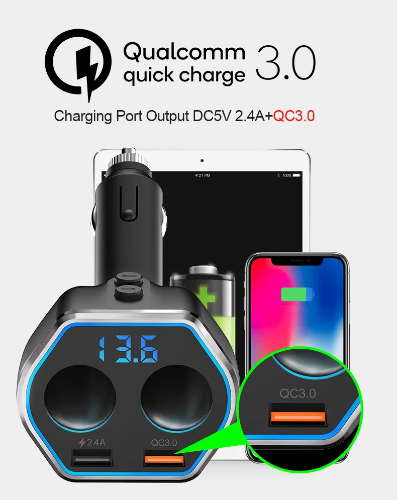 

Разветвитель Прикуривателя, 2 гнезда USB C, с ЖК-дисплеем