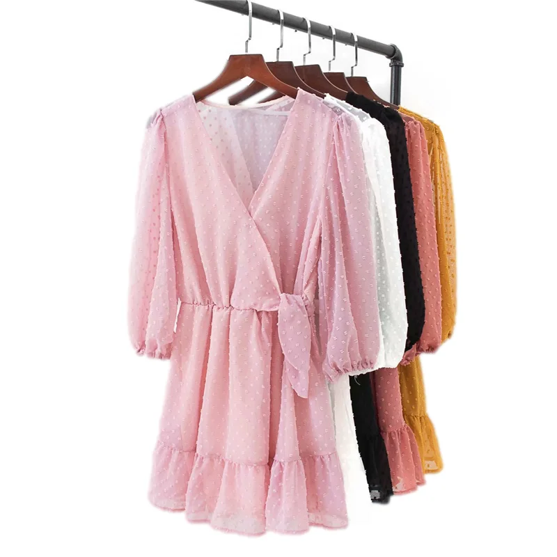 

ShinySweety 2021 Summer Elegant Woman Slim Ruffles V Neck Seethrough Short Dress Female Sweet Lacing Beach A-Line Mini Dresses