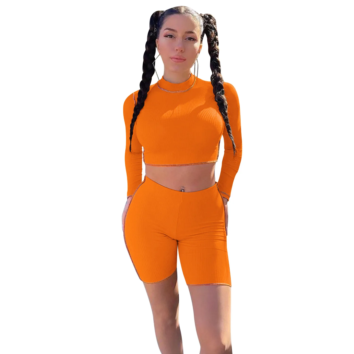 

Cutubly Casual Slim Fashion Two Piece Sets Solid Patchwork Crop Top Women's Set Long Sleeve O Neck Skinny 2 Piece Short Set