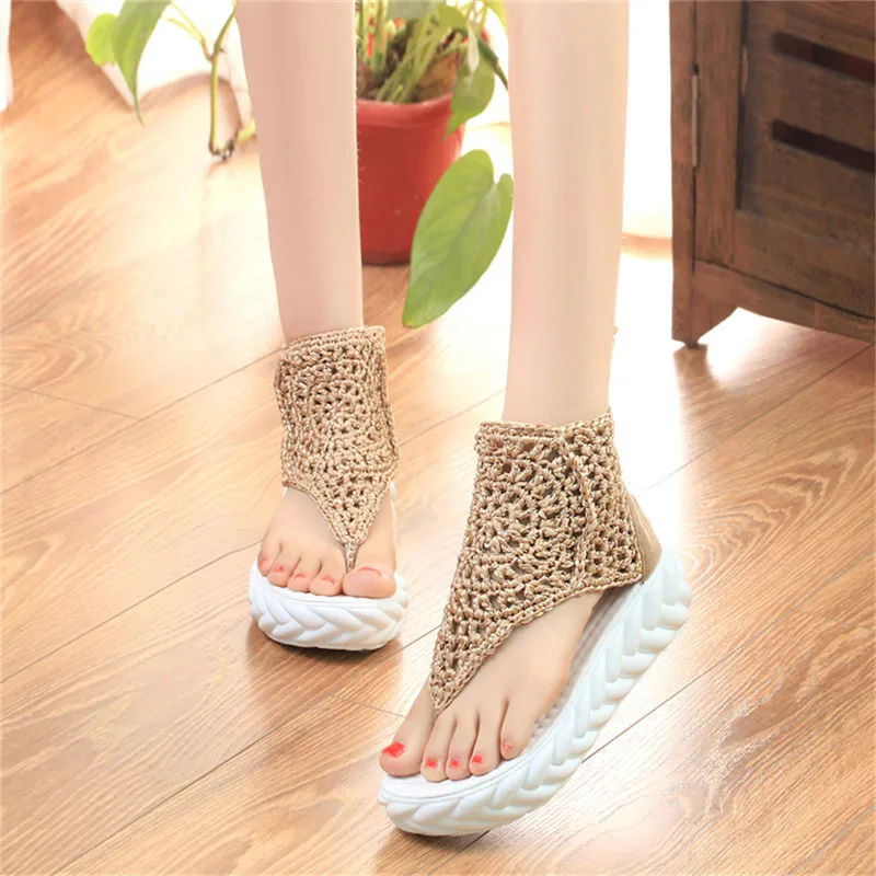 LIN KING/женские сандалии-гладиаторы в стиле ретро Модная вязаная обувь на высокой