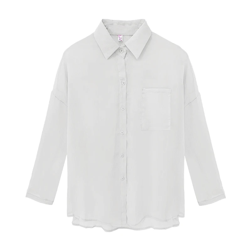 

Mazefeng 2020 new women pocket transparent blouses long sleeve smock shirts leisure sunscreen chemise blusas ShirtsLoose Style