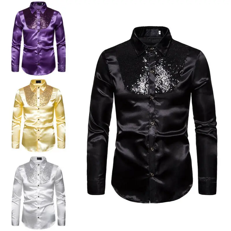 

Men Casual Sequins Disco Dance Shirt Fashion New Hot Ballroom Wedding Tuxedo Shirts Top Club