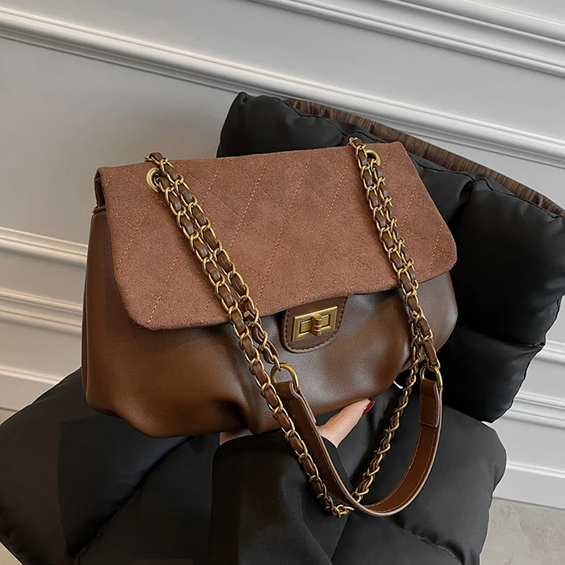 

Роскошные зимние большие замшевые сумки на плечо с цепочкой для женщин, роскошные брендовые дизайнерские стеганые женские сумки через плеч...