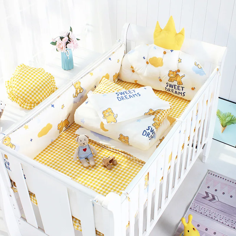 

5Pcs Set Cute Crown Cushion In The Crib Baby Bumpers Set And Flat Bed Sheet Cotton Cartoon Printting Kids Cot Side Ruducer New