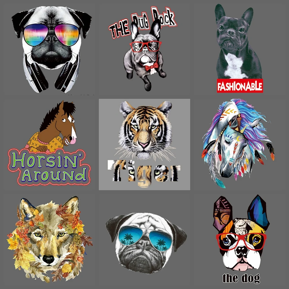 

Fine Tiger Dog Pet Animal Heat Transfer Clothes Patches Iron On transfer Punk Foxes Horse Sticker for Man Women T-shirt Decor