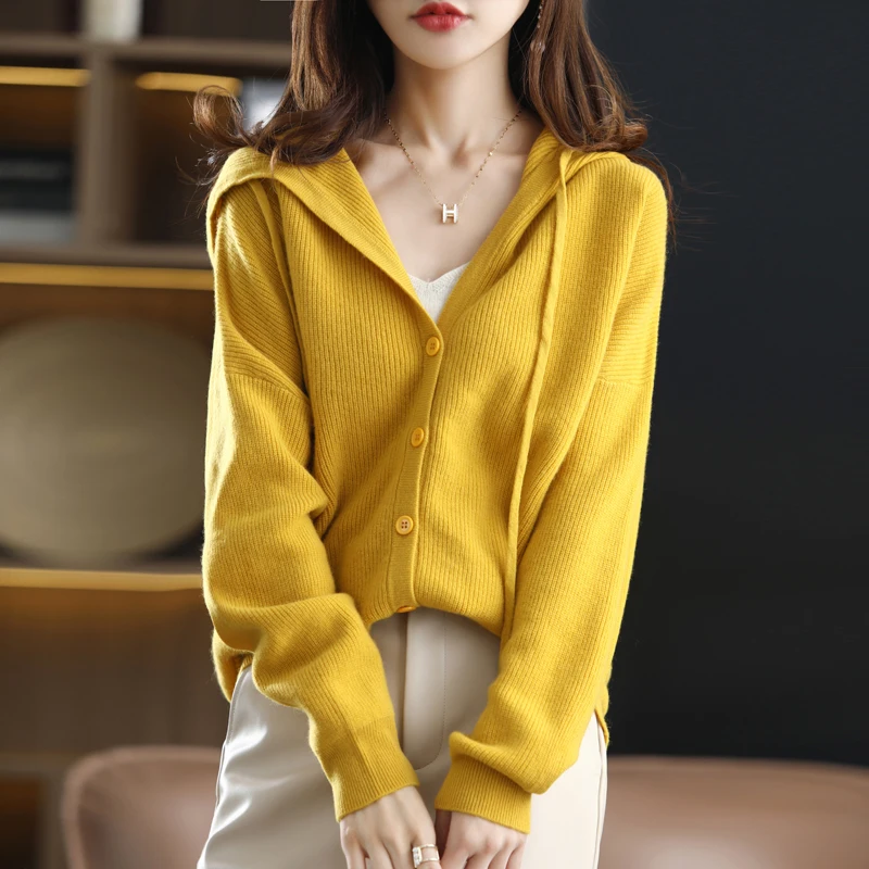 Autumn and Winter New 100% Pure Wool Cardigan Women's Hoodie Korean Casual V-Neck Loose Knit Top Thick Warm Solid Color Jacket