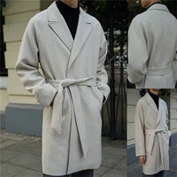 herringbone ivory woolen men overcoat loose long coat with belt casual formal winter custom made jacket