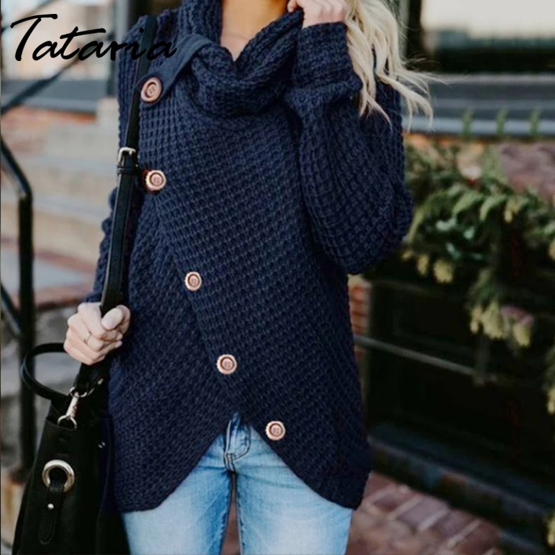 Tataria Womens Button Turtleneck Knitted Sweater Female Asymmetric Hem Wrap Pullover Tops Women Jumpers | Женская одежда