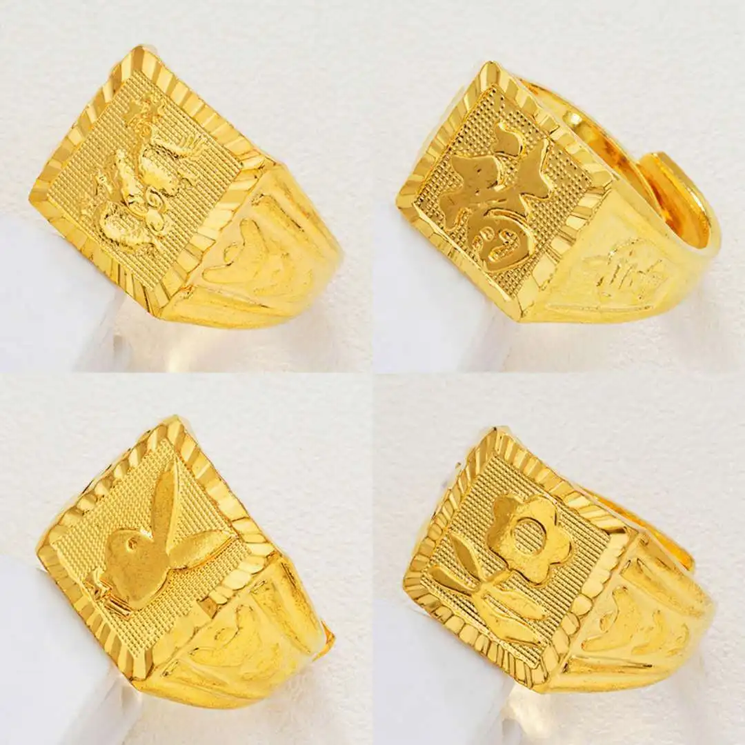 

Big Men Rings 24K Gold Plated Rings for Men Square Fu Letter Dragon Flower Rabbit Ring Anniversary Birthday Fashin Jewelry Gift