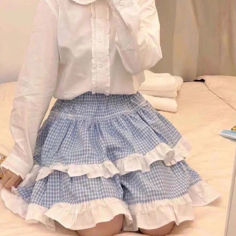 

Plaid mini skirt female Japanese preppy style sweet ruffled high waist skirt summer ulzzang Harajuku Kawaii Oversize cake skirt