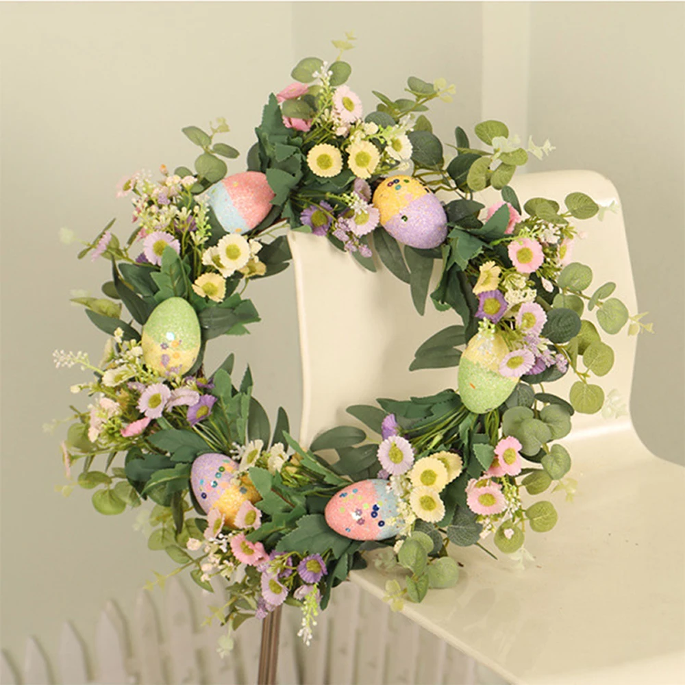 

Easter Egg Wreath Front Door Spring Garland 35/40cm Twig Frame Wreath with Pastel Eggs Flowers for Home Party Wall Decoration