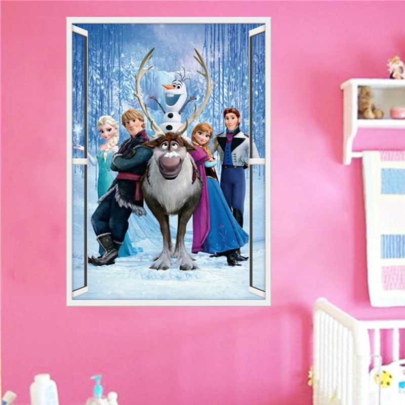 

Cartoon Olaf Sven Kristoff Hans Prince Anna Elsa Princess 3d Window Wall Sticker Home Decoration Frozen Mural Art Kids Decal