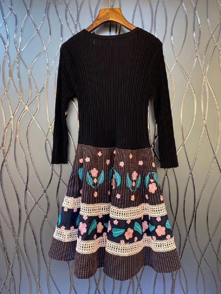 

Winter 2021 Autumn Long Sweater Dress High Quality Wool Knitting Embroidery Deco Long Sleeve A-Line Casual Long Pullover Dress