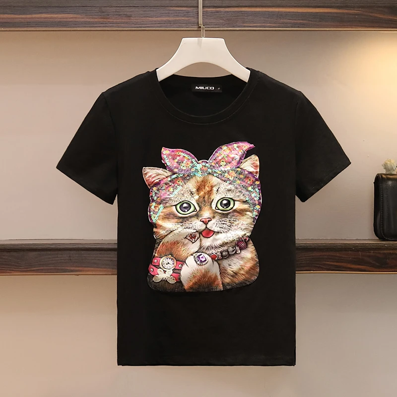 Футболка PERHAPS U с коротким рукавом и круглым вырезом принтом кота блестками