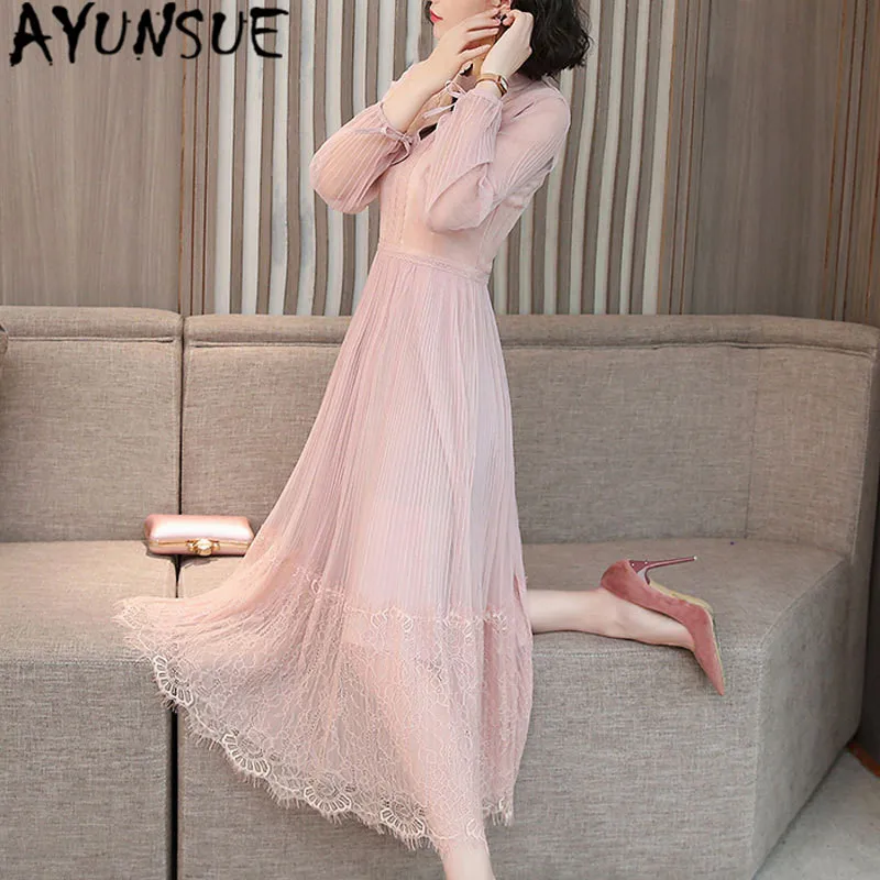 AYUNSUE весенне Летнее Длинное платье для женщин Корейское Сетчатое кружевное