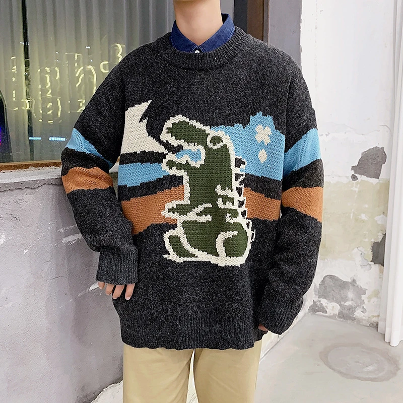 New Men Clothes Casual korean Style off white Cartoon Animal Pattern O-Neck couple Christmas student knitted sweater pullovers | Мужская