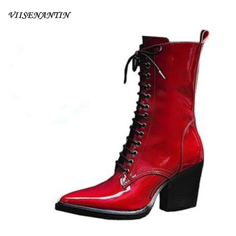 

Star The Same Red Cowboy Genuine Leather High Wedges Heel Women Martin Boots Trendy Pointed Toe Lace-up T-tied Knee-high Shoes