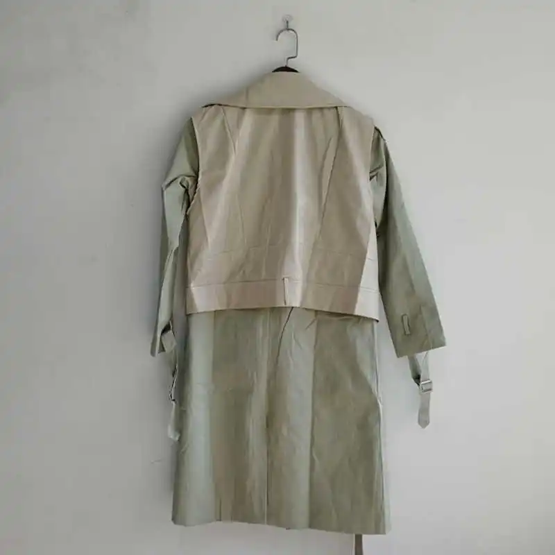 

LANMREM Women's 2021 Autumn New Double-breasted Removable Vest Patchwork PU Leather Trench Coat Mid-length Jackets YJ967